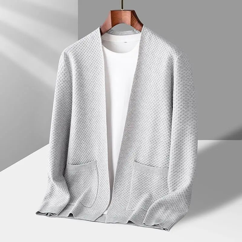 Men's ivory cashmere open-front cardigan with waffle knit texture, relaxed fit layering essential