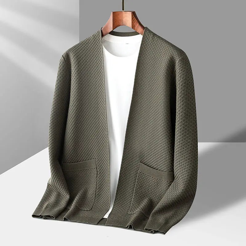 Men's ivory cashmere open-front cardigan with waffle knit texture, relaxed fit layering essential