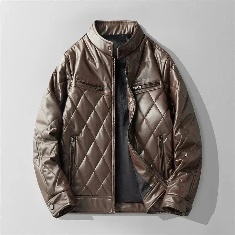 Women's black quilted faux leather jacket with structured diamond quilting and stand-up collar