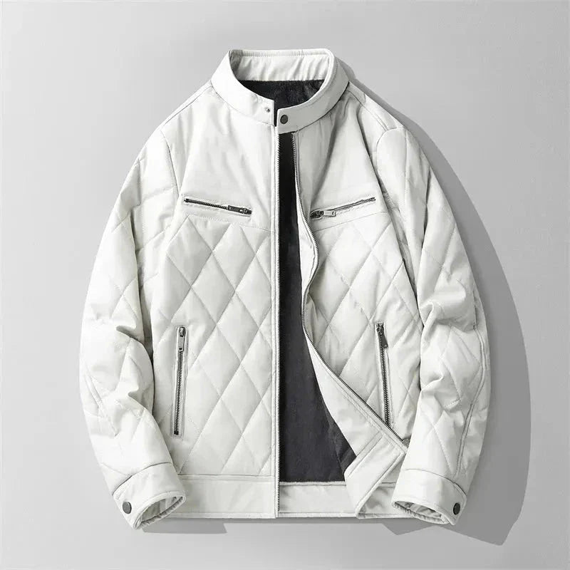 Women's black quilted faux leather jacket with structured diamond pattern and stand-up collar