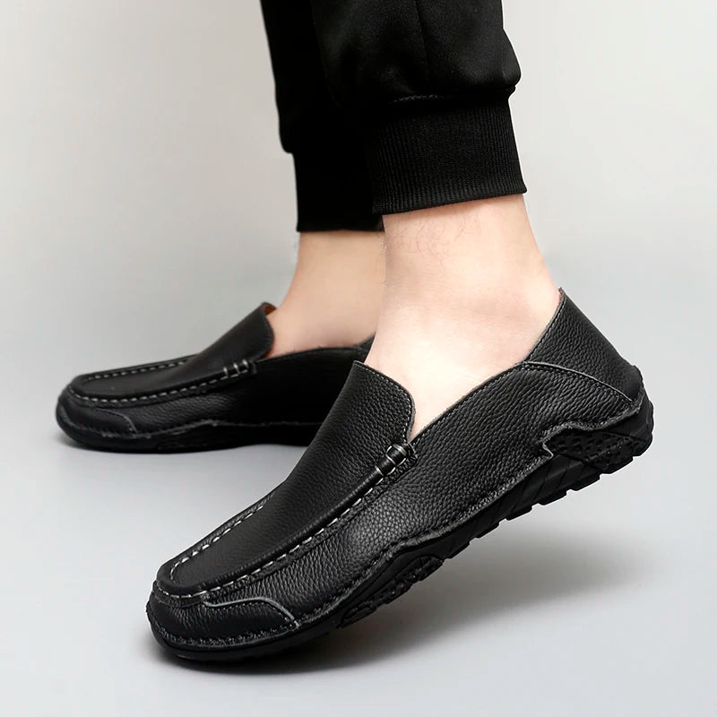 Brown genuine leather professional loafers with cushioned insole and breathable flexible sole