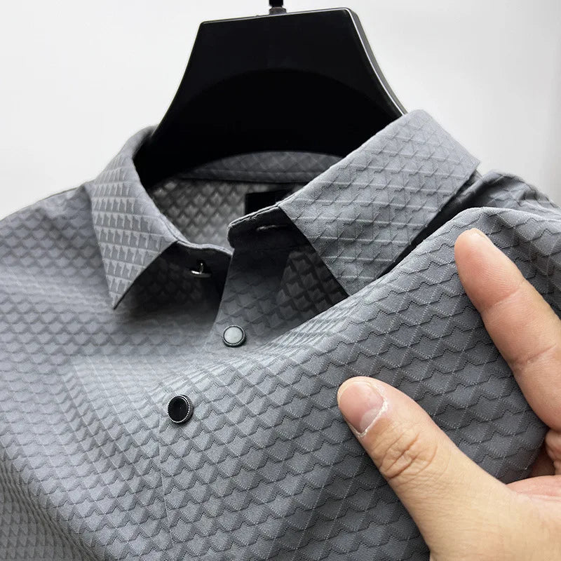 Urbann-Vibe Marlow textured silk-blend polo, sleek silhouette, quiet luxury smart-casual refined fit
