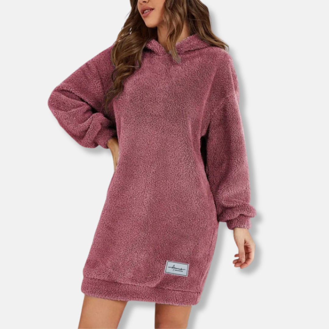 Women's oversized hoodie mini dress in plush fleece knit, cozy lounge silhouette with hood