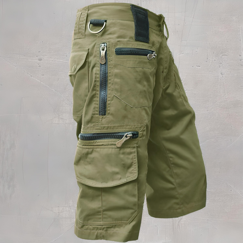 Men's khaki tactical cargo shorts with multi-pocket design, breathable anti-abrasion fabric for outdoor adventures