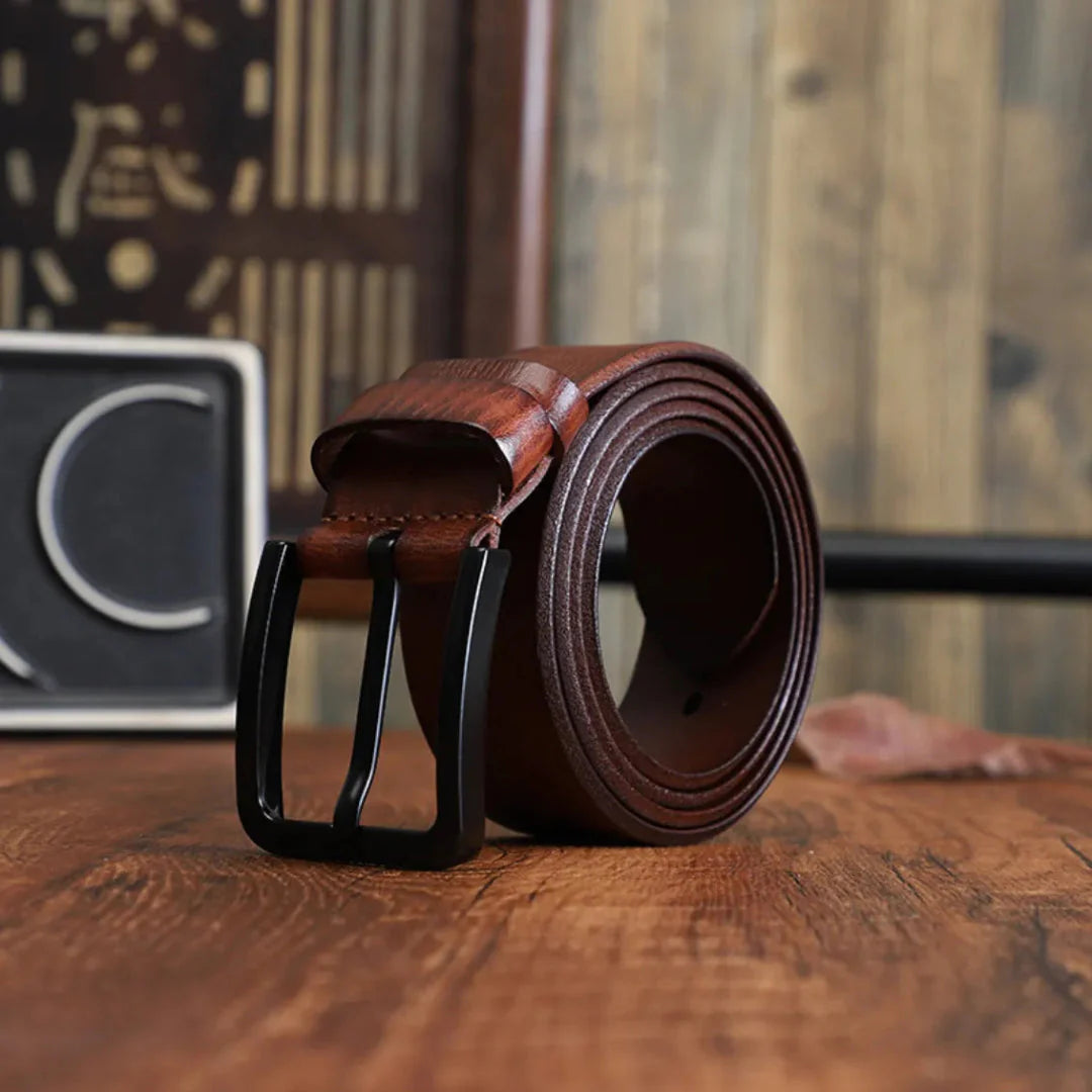 Men's brown genuine leather belt classic style with durable alloy pin buckle first-layer cowhide