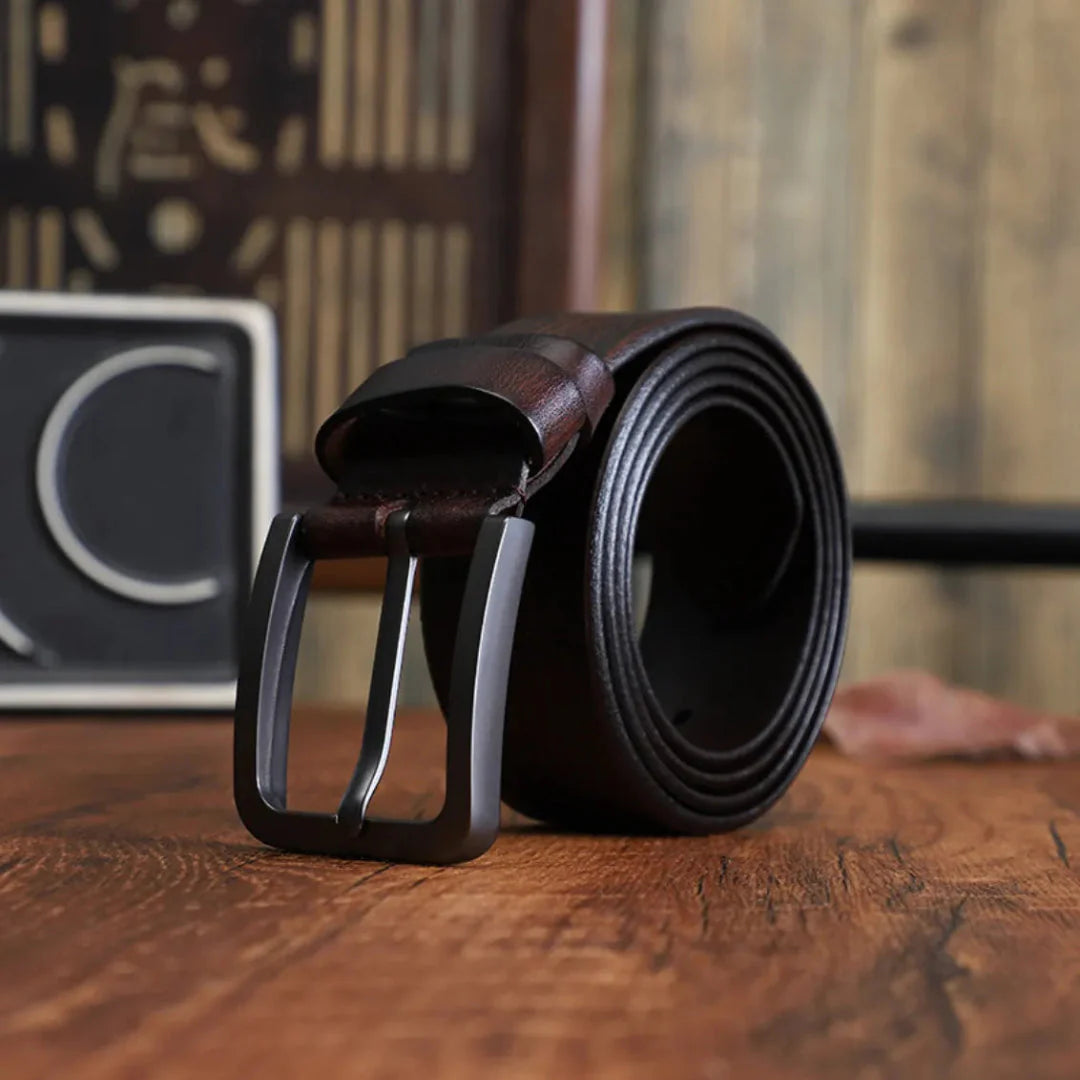 Men's brown genuine cowhide leather belt classic style with silver alloy pin buckle