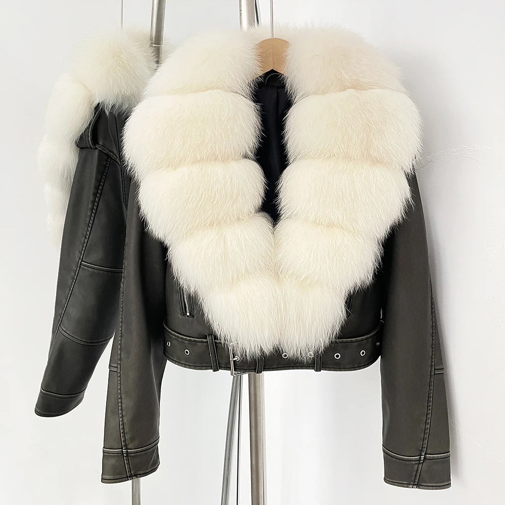 Women's black faux leather aviator jacket with oversized tiered real fur collar and belted waist
