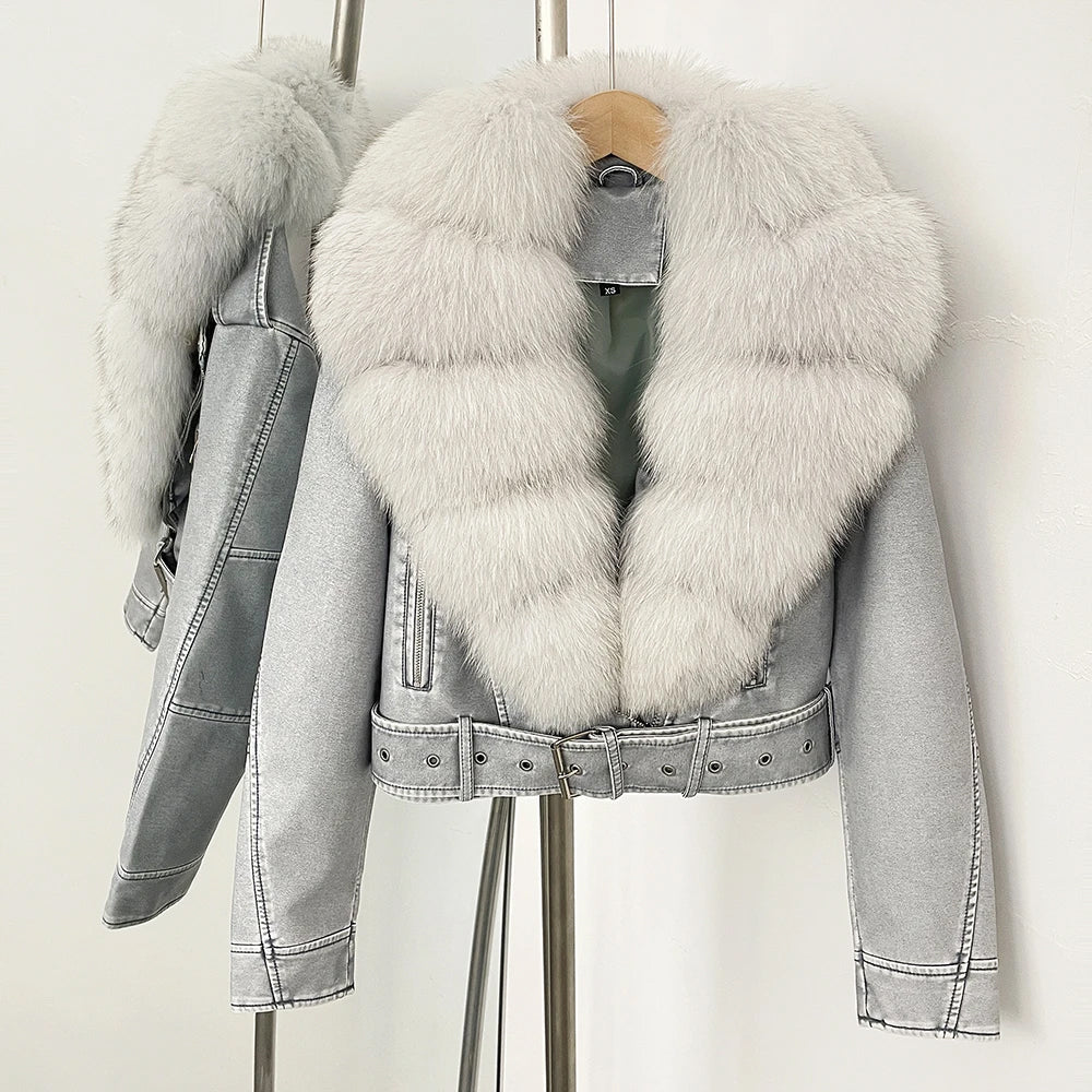 Women's black faux leather aviator jacket with voluminous tiered real fur collar and belted waist
