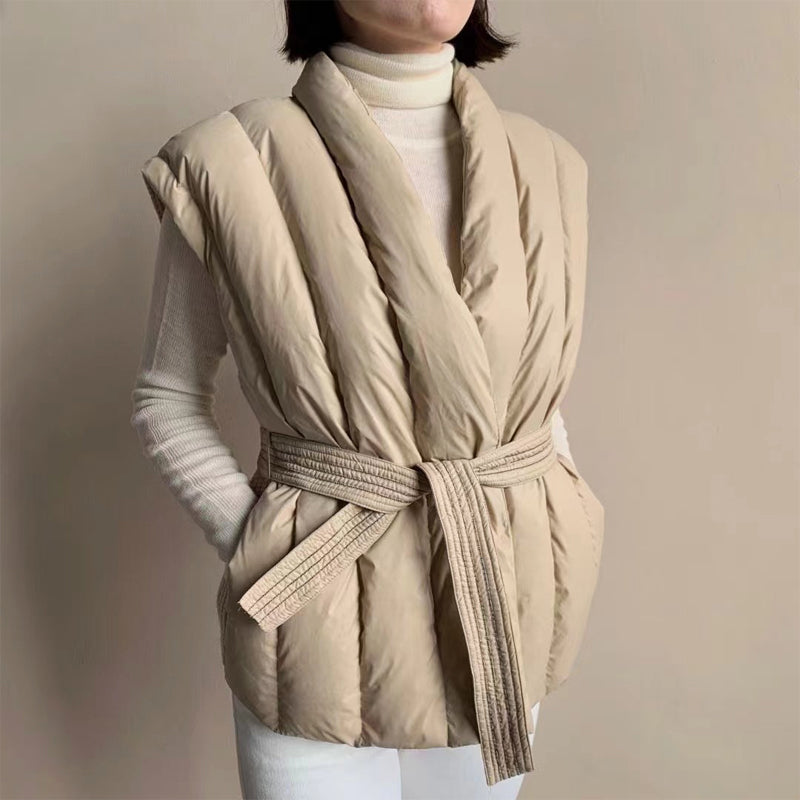 Women's belted wrap puffer vest cocoon silhouette quilted sleeveless warm layering piece