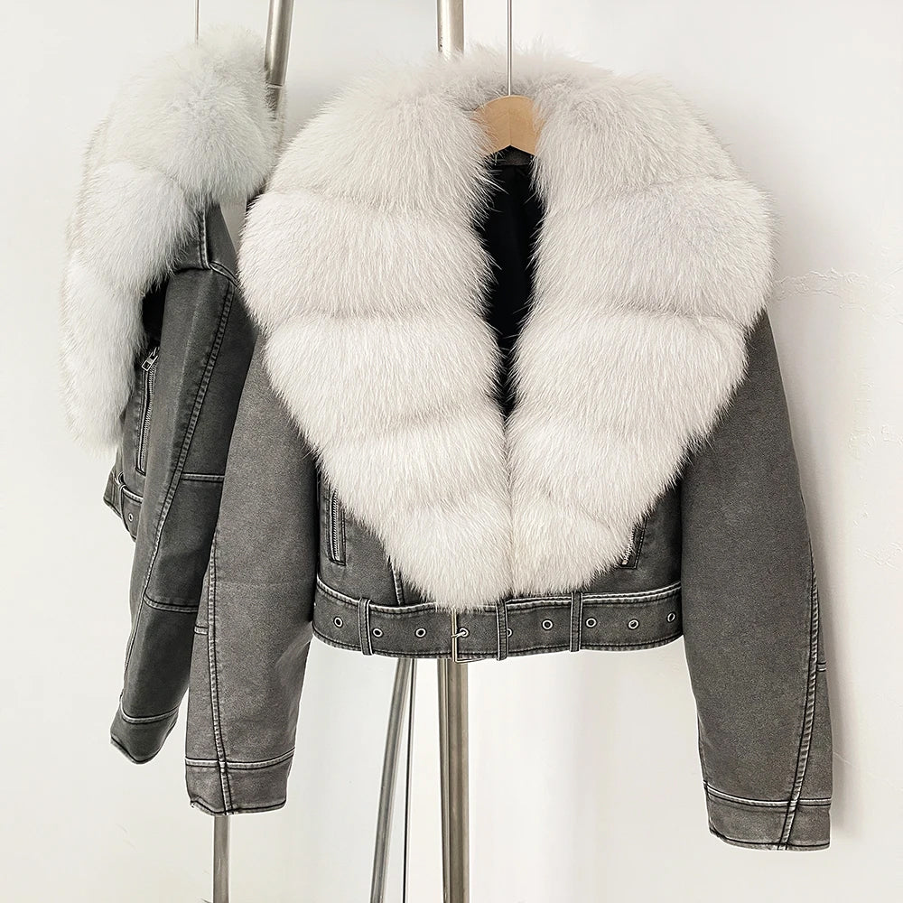 Women's black faux leather cropped aviator jacket with oversized tiered real fur collar and belted waist