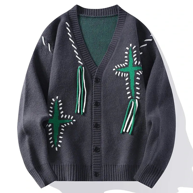 Men's gray knit button-down V-neck cardigan with bold Japanese-inspired stitching and hanging thread accents