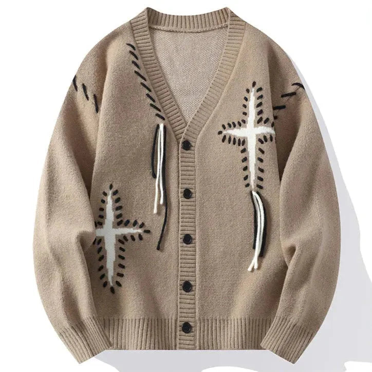 Men's gray button-down V-neck cardigan bold Japanese-inspired stitching with hanging thread accents