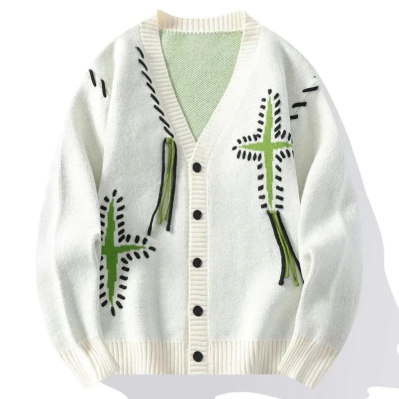 Men's grey knit V-neck cardigan with bold Japanese-inspired stitching and hanging thread accents