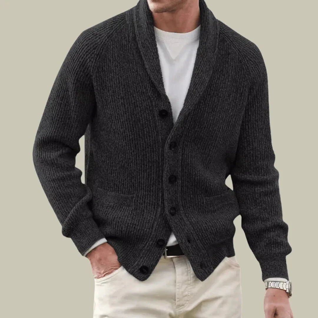 Unisex ivory cashmere blend shawl collar cardigan with luxurious ribbed knit texture