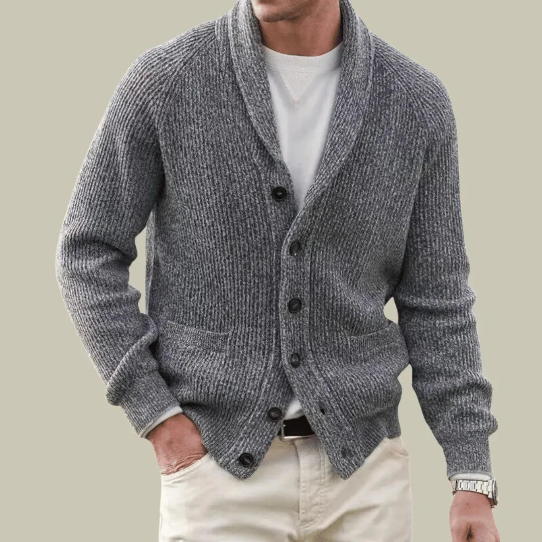 Unisex oatmeal cashmere blend shawl collar cardigan with luxurious ribbed knit texture
