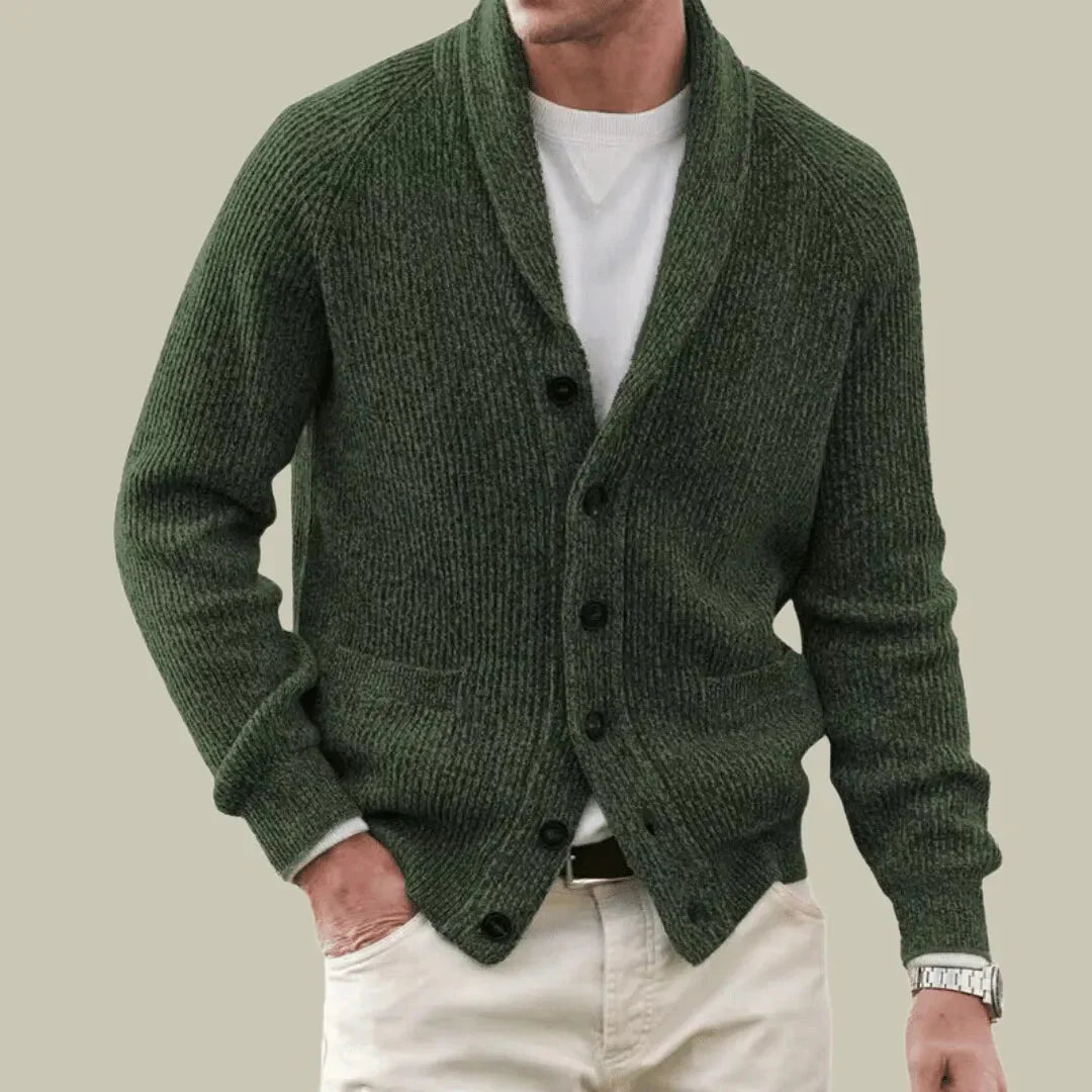Unisex heather gray cashmere blend shawl collar cardigan with luxurious ribbed knit texture