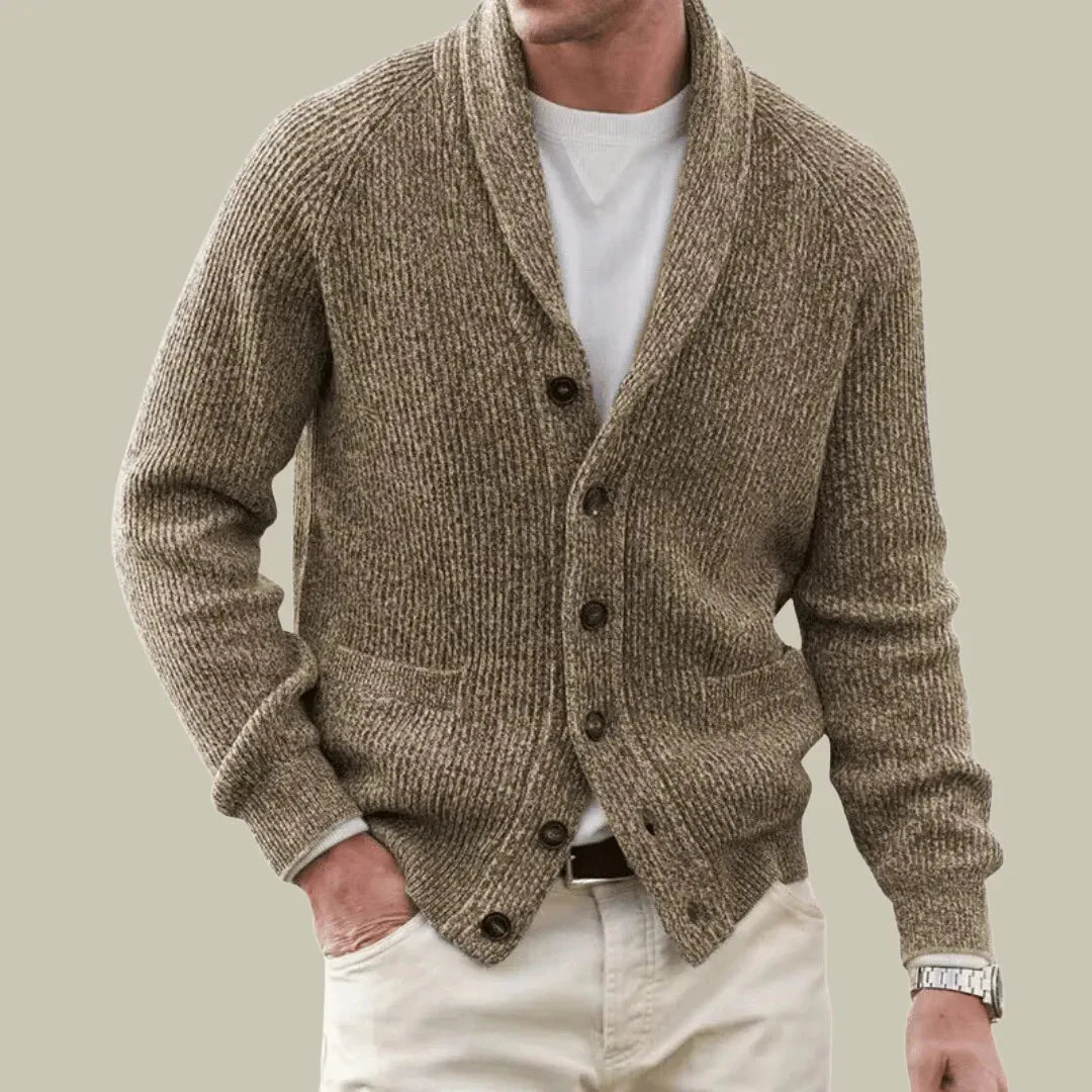 Unisex camel cashmere blend shawl collar cardigan with ribbed knit texture and relaxed fit