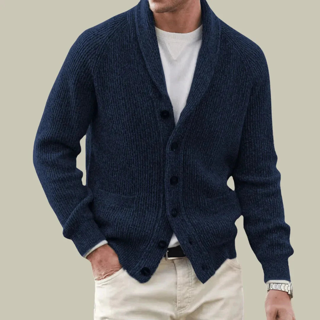 Unisex heather gray cashmere blend shawl collar cardigan with ribbed knit texture and soft luxurious feel