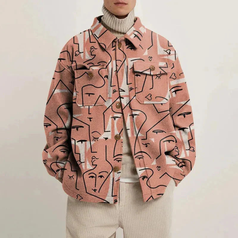 Men's abstract print structured lapel jacket with bold contemporary patterns and refined silhouette