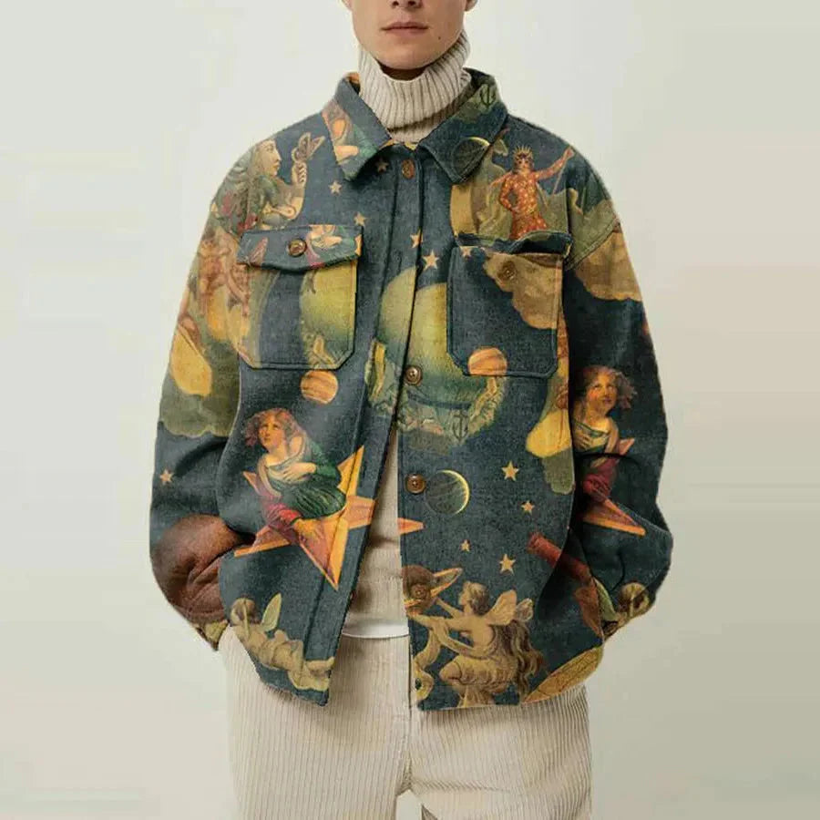 Men's abstract print lapel jacket structured fit bold contemporary patterns statement piece