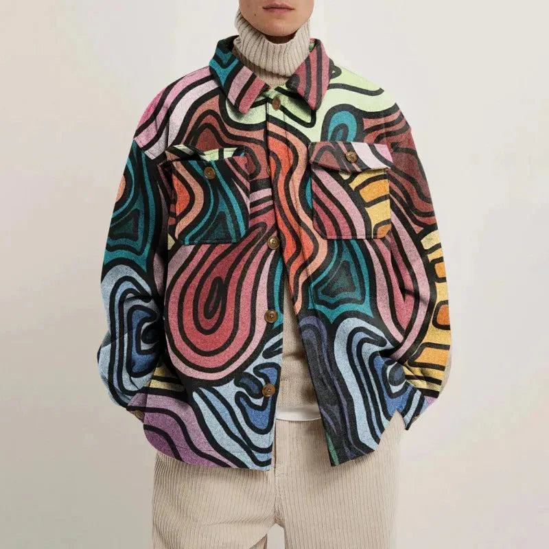 Men's abstract print lapel jacket structured fit bold multicolor contemporary art-inspired pattern