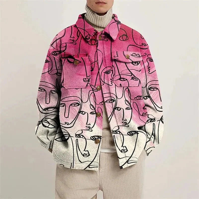 Men's abstract print structured lapel jacket bold multicolor art-inspired pattern fashion-forward fit