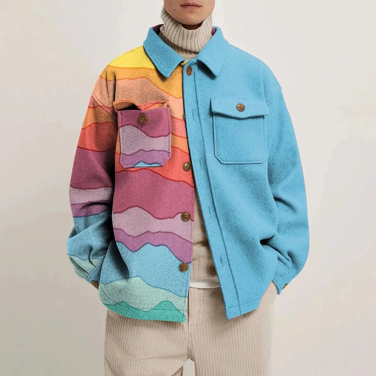 Men's abstract print lapel jacket structured fit bold contemporary pattern statement piece