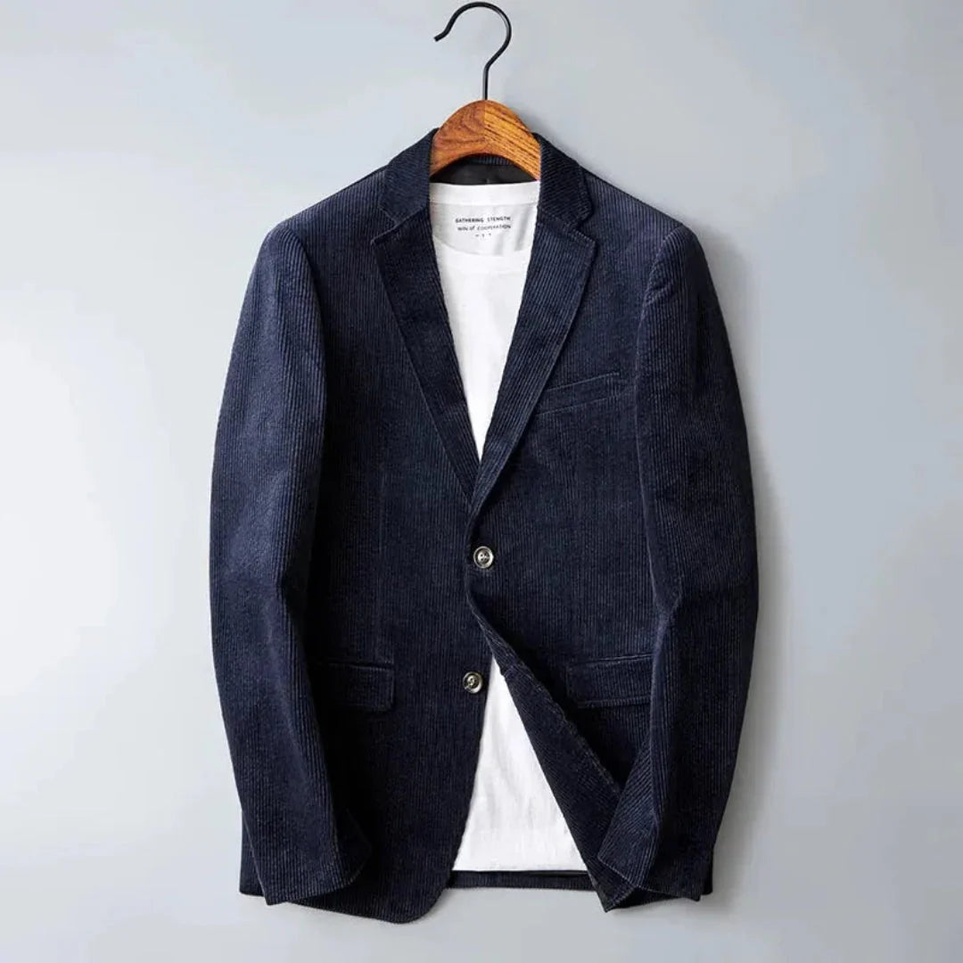 Men's slim-fit brown corduroy blazer with textured fabric and smart casual tailoring for office or weekend