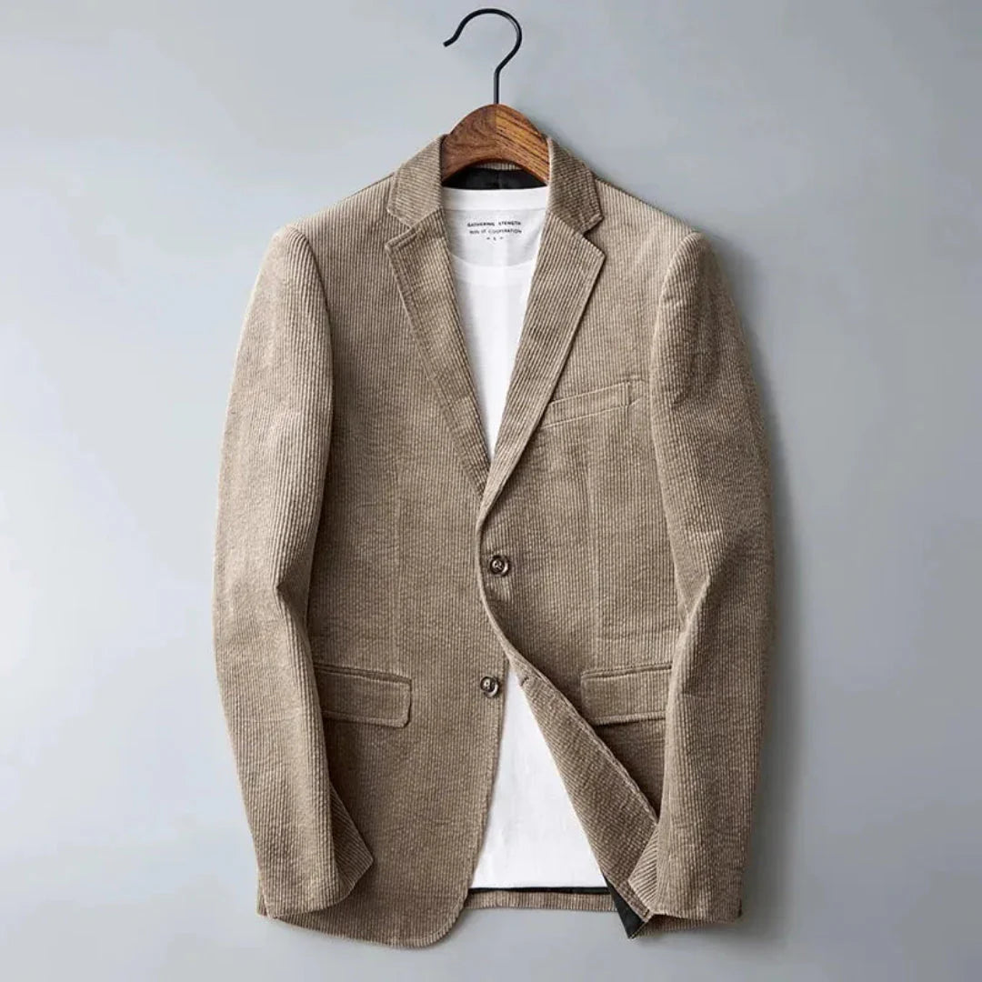 Men's slim fit dark corduroy blazer with textured fabric, smart casual tailoring for office and weekend