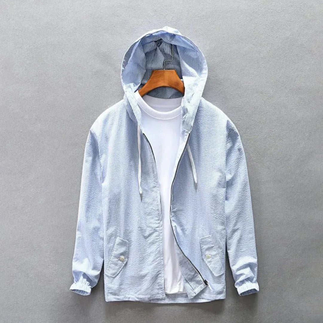 Mateo light beige relaxed-fit cotton hooded windbreaker with adjustable drawstring hood