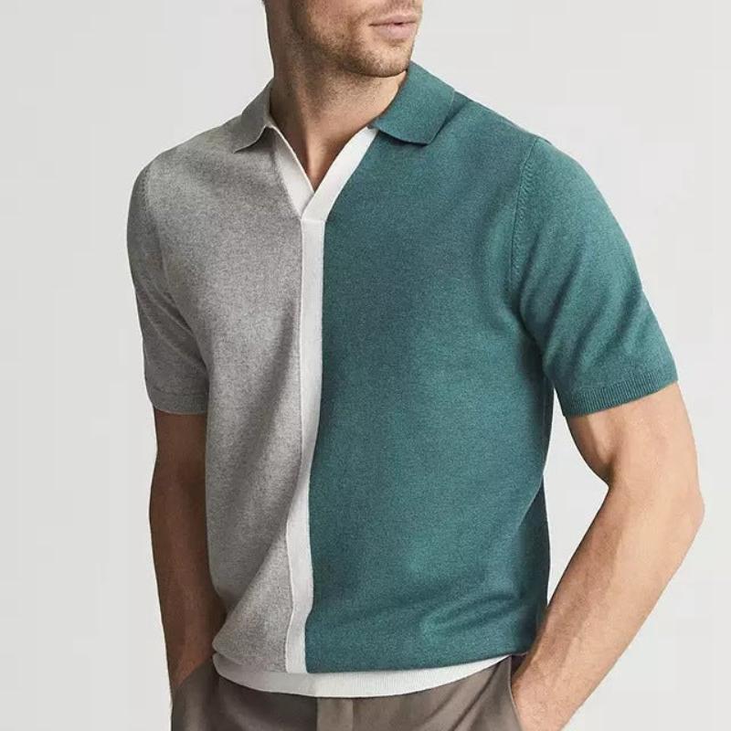 Men's two-tone split panel knit polo shirt with bold contrast front panel and stretch comfort fit