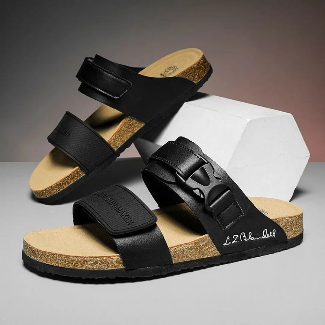 Matias brown dual-strap slip-on sandals with contoured arch support footbed for everyday comfort
