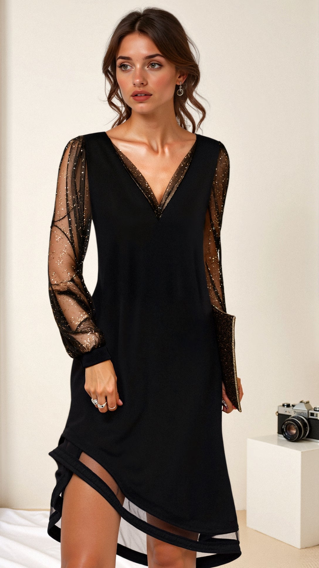 Black mini dress sheer metallic sleeves slim silhouette elegant evening wear women