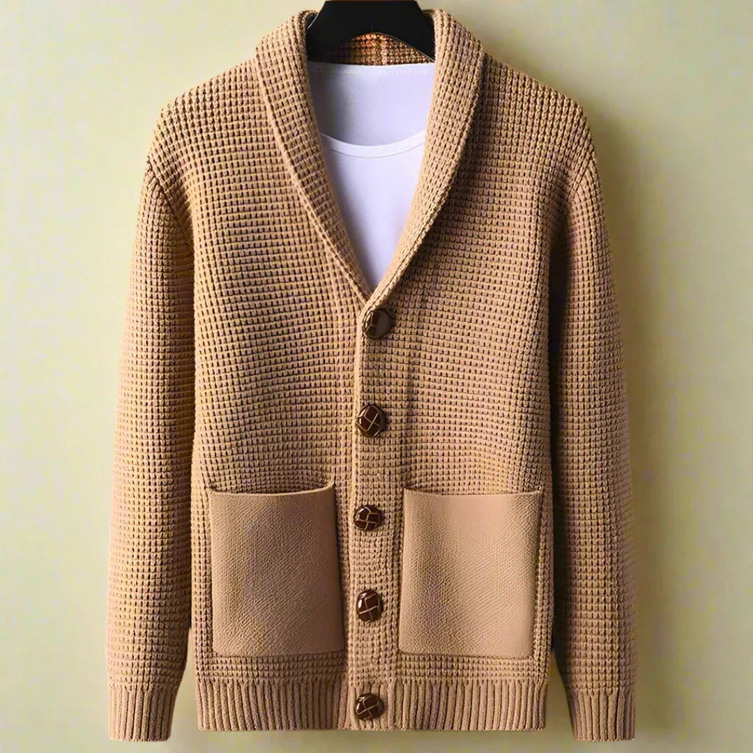 Men's waffle-knit shawl collar cardigan relaxed fit with textured premium finish