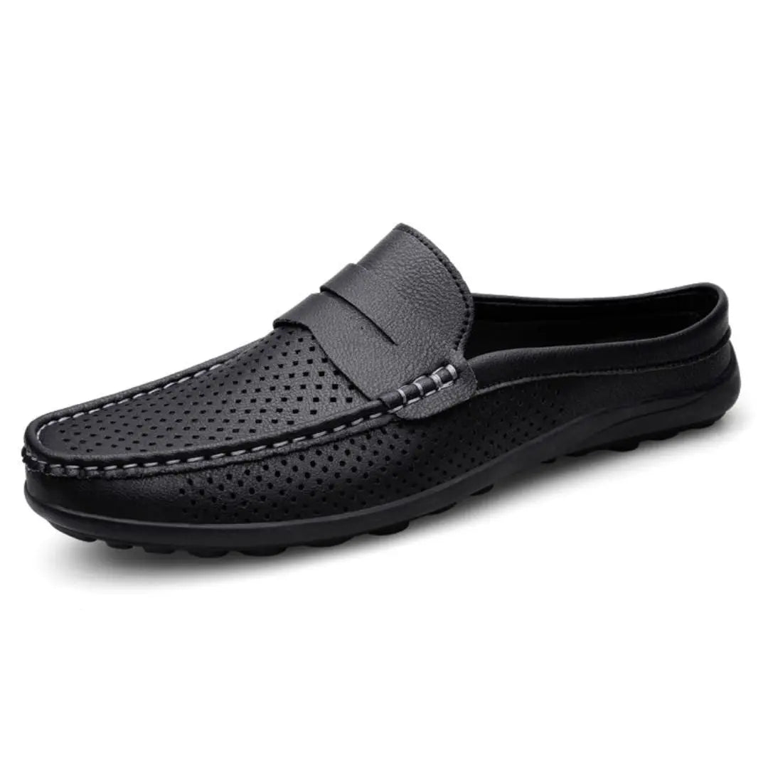 Men's genuine leather perforated backless loafers breathable cushioned insole slip-on mule style