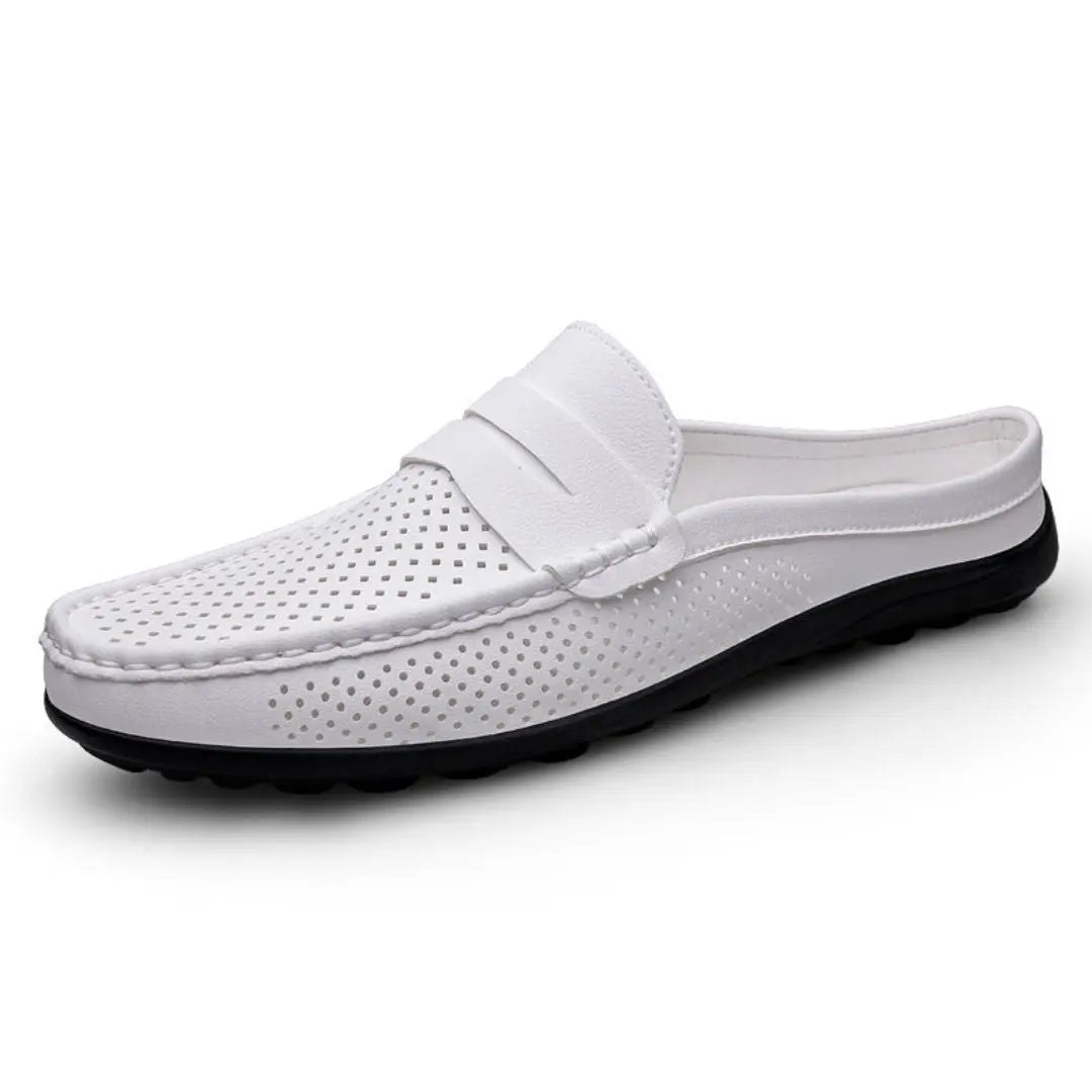 Men's brown genuine leather perforated backless loafers with breathable cushioned insoles