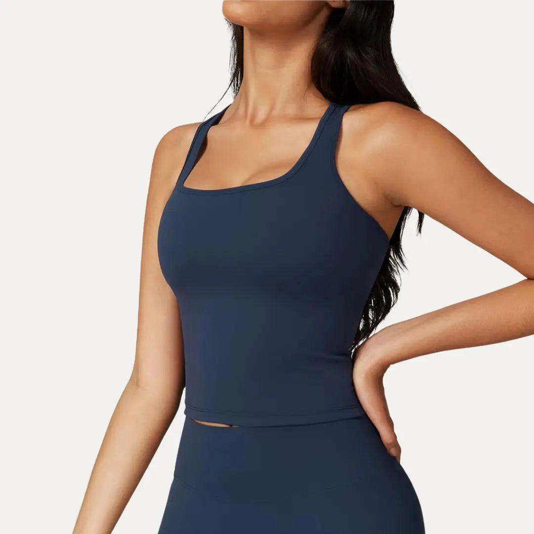 Women's square-neck racerback active tank top, moisture-wicking second-skin fit, sleek athletic silhouette