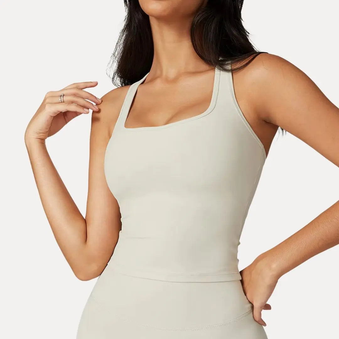 Women's square-neck racerback active tank top, moisture-wicking second-skin fit, sleek performance style