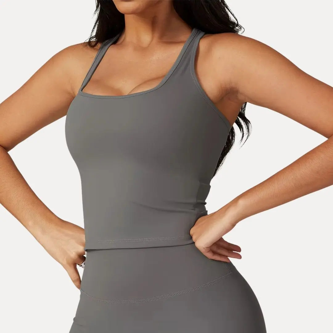 Women's square-neck racerback active tank top, moisture-wicking second-skin fit, sleek athletic silhouette
