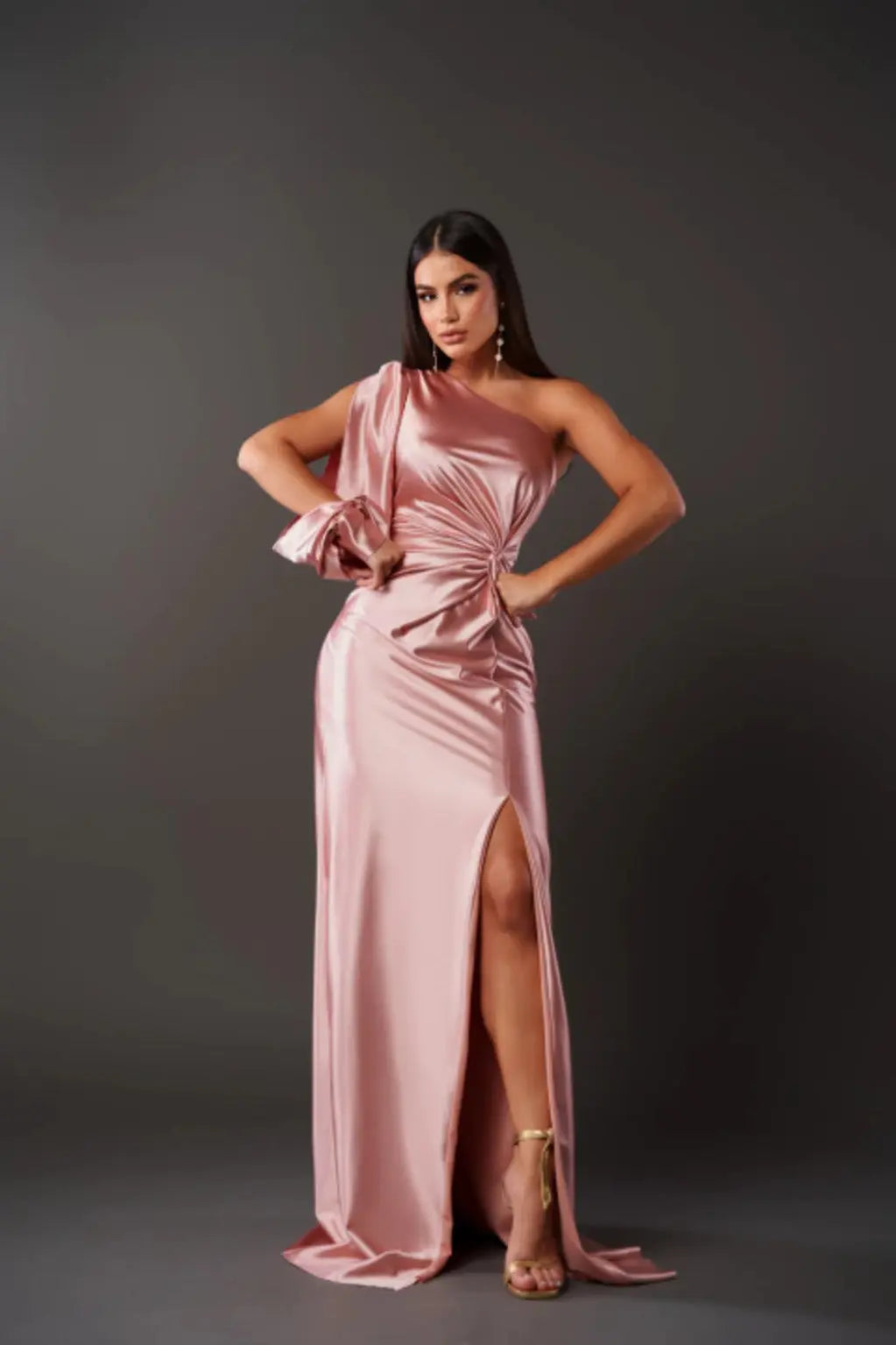 Teal satin one-shoulder maxi dress with draped waist and slit, elegant wedding guest gown