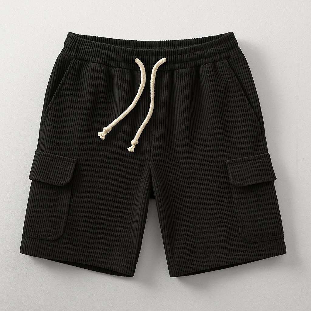 Men's olive corduroy cargo shorts relaxed fit elastic drawstring waist dual cargo pockets