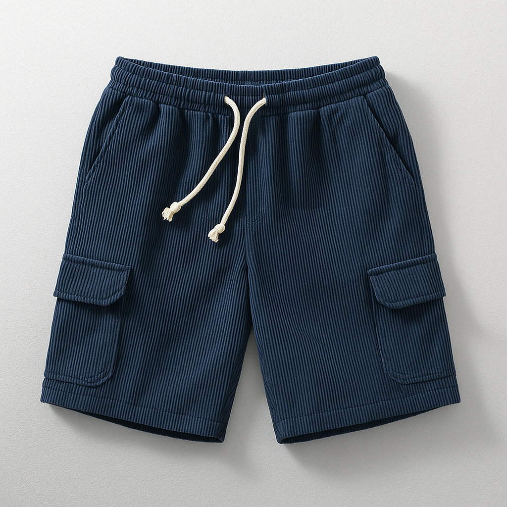 Men's brown corduroy cargo shorts relaxed fit elastic drawstring waist dual cargo pockets