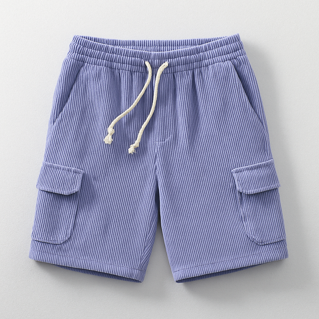Men's brown corduroy cargo shorts relaxed fit elastic drawstring waist dual cargo pockets
