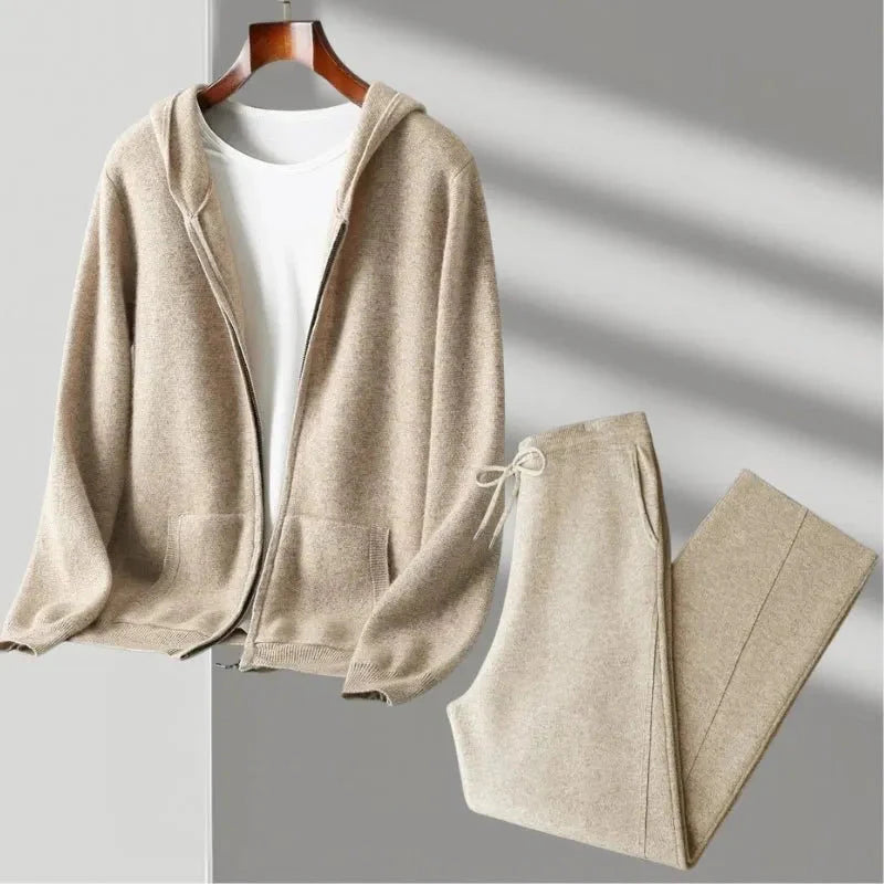 Maverick merino wool matching set full-zip hoodie relaxed joggers natural breathable knitwear lounge