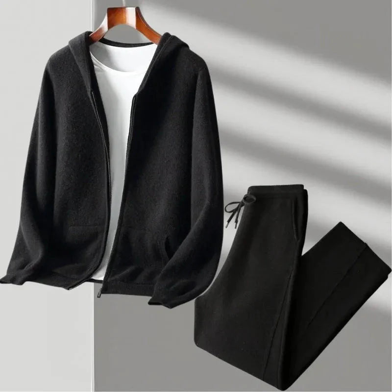 Heather gray merino wool full-zip hoodie and relaxed joggers matching set with clean knitwear finish