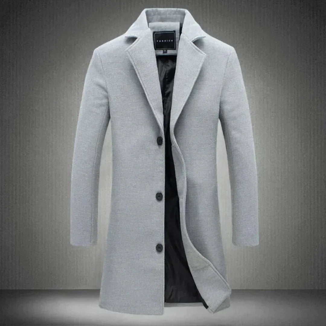 Men's slim fit wool blend trench coat in classic tailored cut with structured drape for formal or casual wear