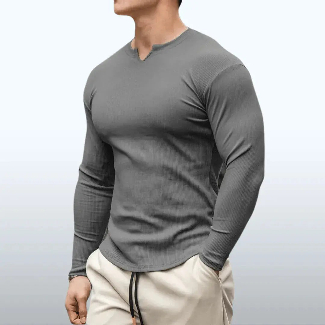 White cotton athletic V-tapered fit shirt with Max-Fit waist-sculpting technology for peak performance