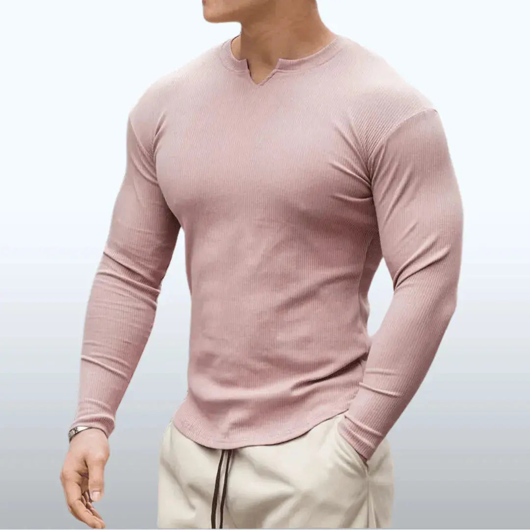 White cotton athletic V-tapered fit shirt with Max-Fit waist-sculpting technology for peak performance