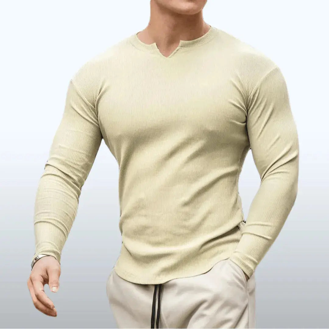 White cotton V-tapered athletic shirt with Max-Fit waist-sculpting silhouette for peak performance