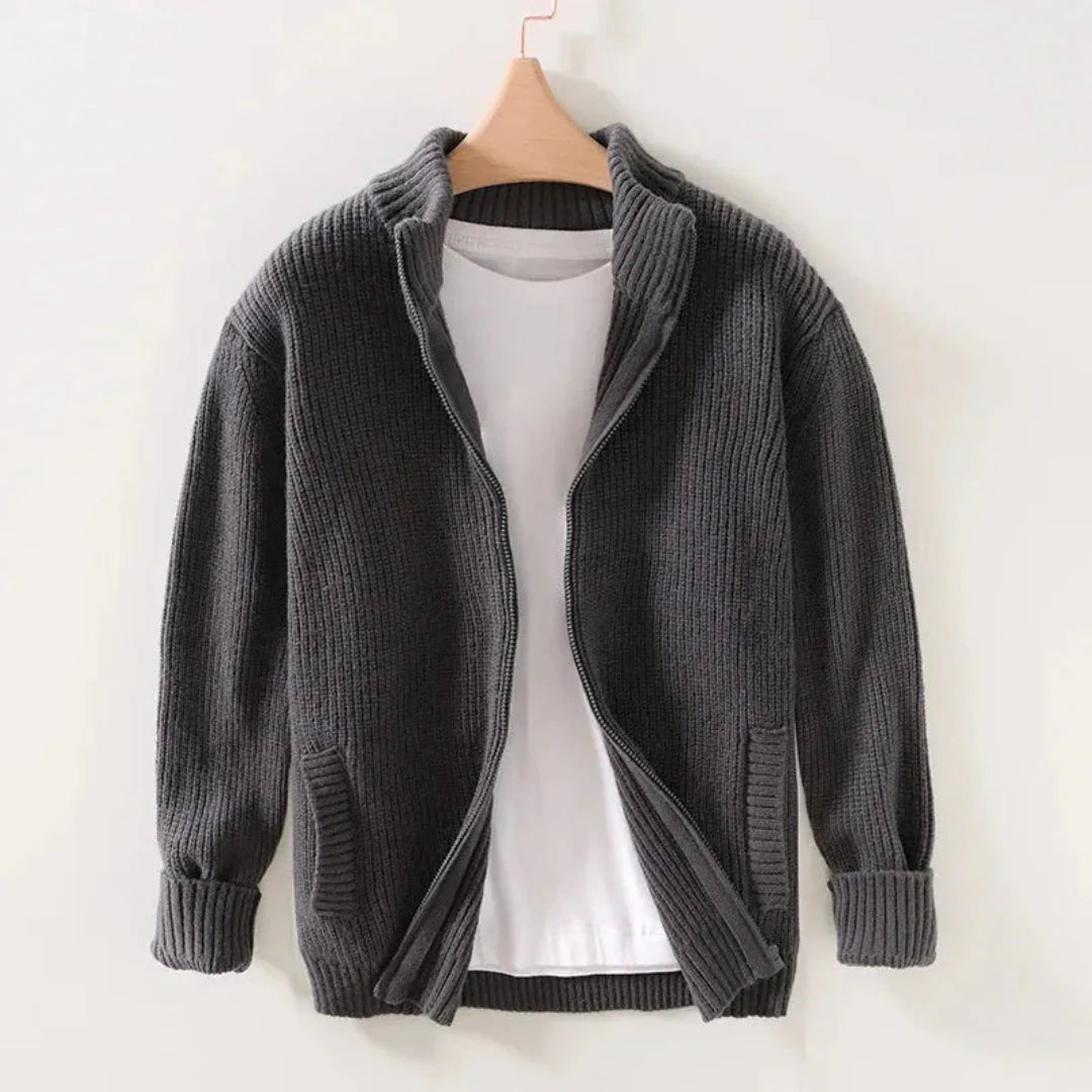 Unisex midweight knitted zip cardigan in neutral tone, full-zip front soft breathable layering essential